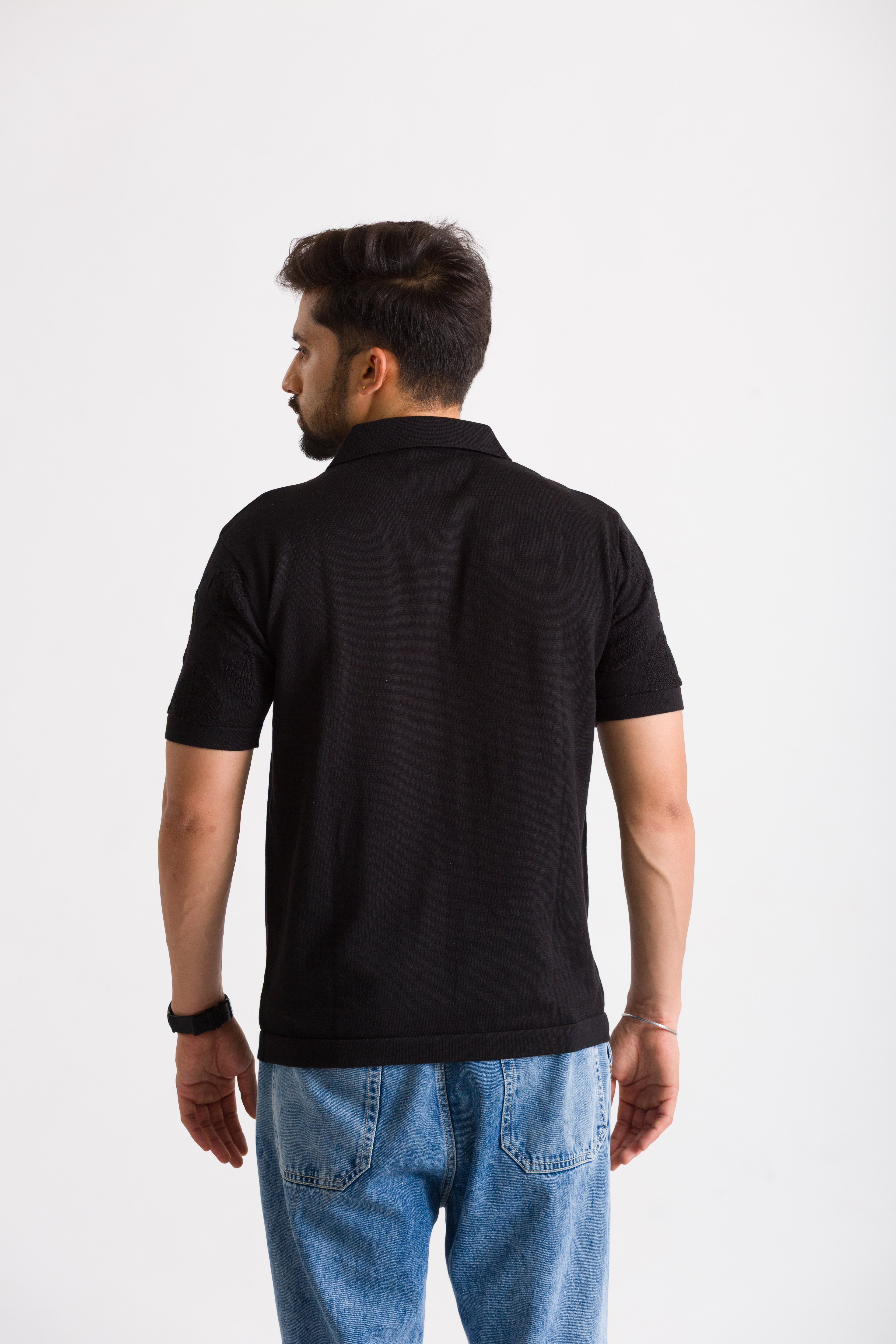Knitted Black Leaf Design Polo T-Shirt